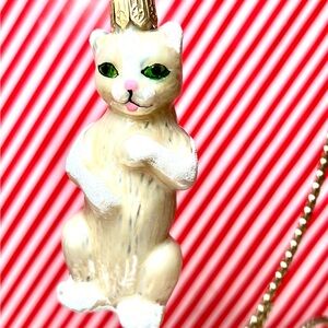 Christmas Polish Glass Cream & White Kitty Cat Tree Ornament Green Eyes